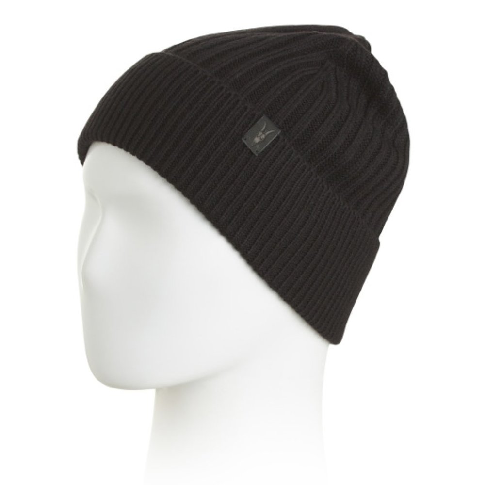 ALL SAINTS Black Ribbed Wool Blend Mix Beanie